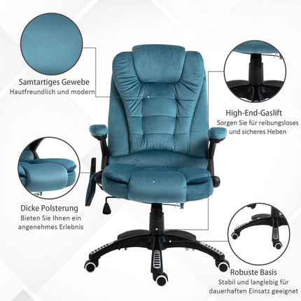 Masāžas krēsls, vadītāja krēsls ar masāžas funkciju, grozāms krēsls ar regulējamu augstumu, ergonomisks spēļu krēsls, biroja krēsls, zils, 67 x 74 x 107-116 cm