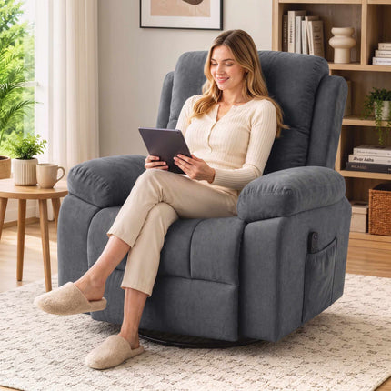 Massage Recliner Chair with Heat, 360° Swivel and Rocking, Dark Grey, Chenille
