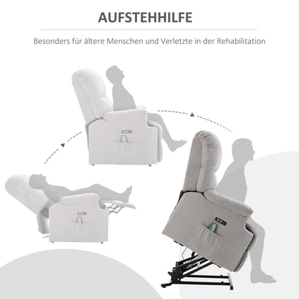 Masāžas krēsls ar stāvēšanas palīglīdzekli, relaksācijas krēsls, TV krēsls ar siltuma funkciju, regulējams leņķis, USB tālvadības pults, īss plīša audums, pelēks, 83x95x105 cm