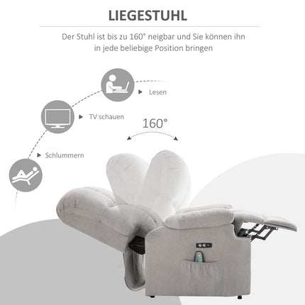 Masāžas krēsls ar stāvēšanas palīglīdzekli, relaksācijas krēsls, TV krēsls ar siltuma funkciju, regulējams leņķis, USB tālvadības pults, īss plīša audums, pelēks, 83x95x105 cm