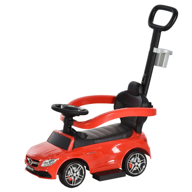Ride-on children's car with push handle and backrest