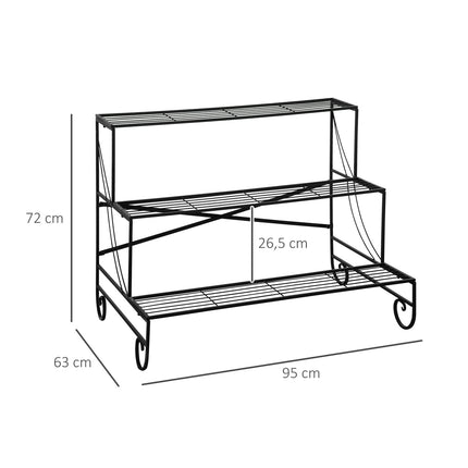 Metāla puķu plaukts, 3 līmeņu augu plaukts, puķu kāpnes dārzam un balkonam, melns, 95x63x72 cm