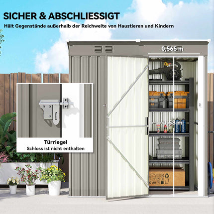 Metal Garden Shed 1.37 m² Lockable with Vents and Pent Roof, 163 x 90 x 179 cm