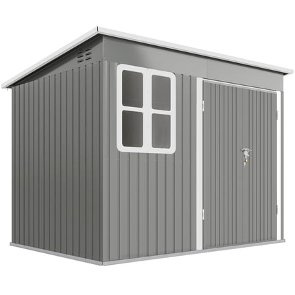 Metal Garden Shed 260 x 177 x 190 cm with Window, Wide Lockable Door, Light Grey