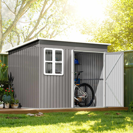 Metal Garden Shed 260 x 177 x 190 cm with Window, Wide Lockable Door, Light Grey