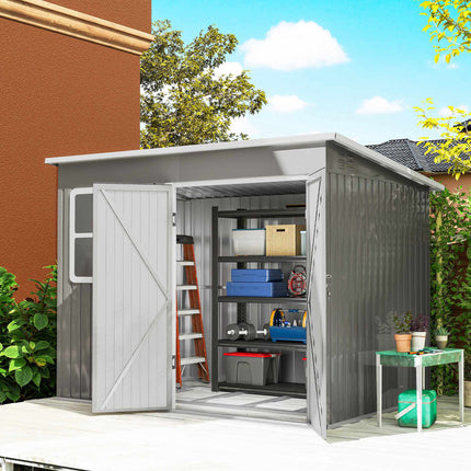 Metal Garden Shed 260 x 177 x 190 cm with Window, Wide Lockable Door, Light Grey