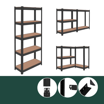 Metal Storage Rack with 5 Wood-Effect Shelves, 500 kg Load, Black, Brown