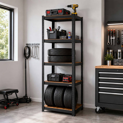 Metal Storage Rack with 5 Wood-Effect Shelves, 500 kg Load, Black, Brown