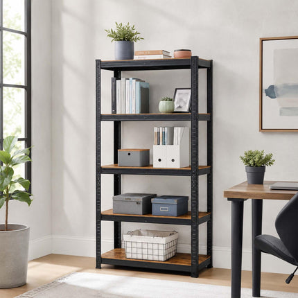 Metal Storage Rack with 5 Wood-Effect Shelves, 500 kg Load, Black, Brown