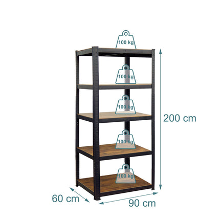 Metal Storage Rack with 5 Wood-Effect Shelves, 500 kg Load, Black, Brown