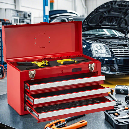Metal Tool Box, 20.5-Inch, 3-Drawer, Locking, Red
