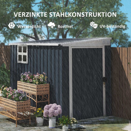 Metāla instrumentu šķūnis 2,7 m² 128 x 231 x 181 cm Instrumentu šķūnis ar jumta logu, slēdzamām durvīm, laikapstākļiem izturīgs dārza šķūnis, āra dārza šķūnis pagalmam, āra zonai, tumši pelēks