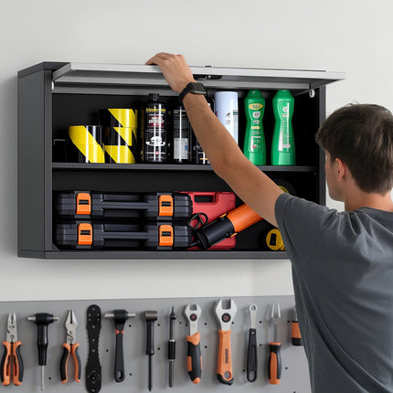 Metal Wall Cabinet, Locking Flip-Up Door, 240 lb
