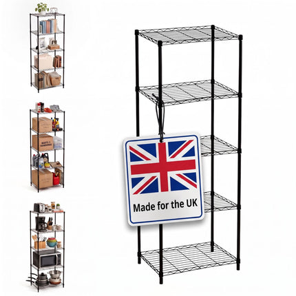 Metal Wire Shelving Unit with 5 Tiers and Levelling Feet, Black, 160 cm