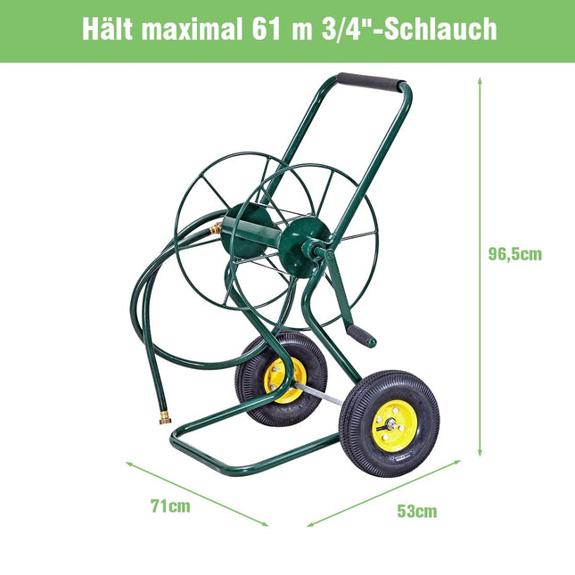 Metāla šļūtenes ratiņi ar 2 pneimatiskajām riepām un kloķi 61M 3/4" šļūtenei, dārza šļūtenes ratiņi, zaļi