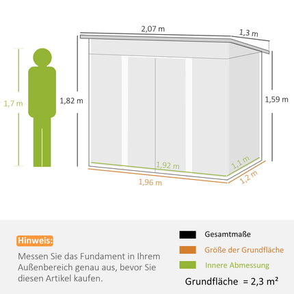 Metal tool shed 2.3 m² 207 x 130 x 182 cm with pent roof window floor frame black