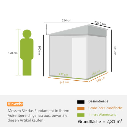 Metāla instrumentu šķūnis 2,81 m² 154 x 206,5 x 181 cm instrumentu šķūnis ar slīpa jumta pamatiem