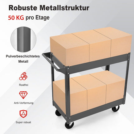 Metāla darbnīcas ratiņi ar 2 līmeņiem un rokturi, daudzfunkcionāli, melni