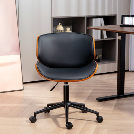 Vidusgadsimta moderns mākslīgās ādas biroja krēsls, ergonomisks, melns