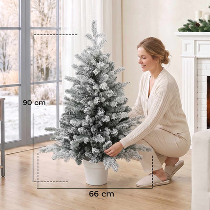 Mini Christmas Tree 90 cm with 296 Tips and Snow Effect, Green, White Pot
