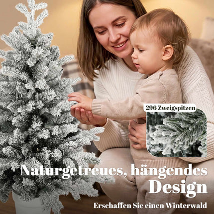 Mini Christmas Tree 90 cm with 296 Tips and Snow Effect, Green, White Pot