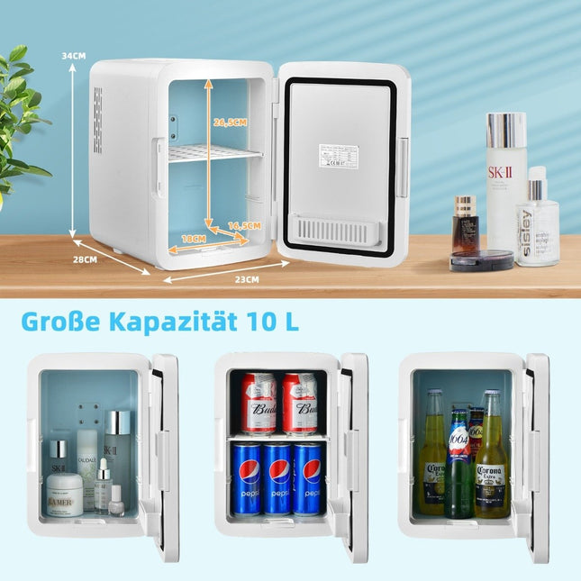 Mini ledusskapis, 10 l, pārnēsājams, ar LED spoguli, 23 x 28 x 34 cm, balts