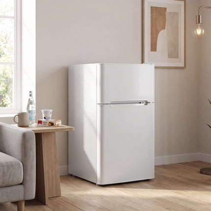 Mini Fridge with Freezer Compartment 90 L, 2 Doors, Adjustable Thermostat, White