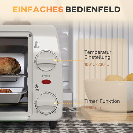 Mini krāsns 10 litri 750W Maza elektriskā krāsns ar temperatūru līdz 230°C Taimeris 60 minūtes Cepšanas panna un režģis 36,5x26x22 cm krēmbalts