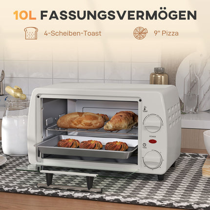 Mini krāsns 10 litri 750W Maza elektriskā krāsns ar temperatūru līdz 230°C Taimeris 60 minūtes Cepšanas panna un režģis 36,5x26x22 cm krēmbalts