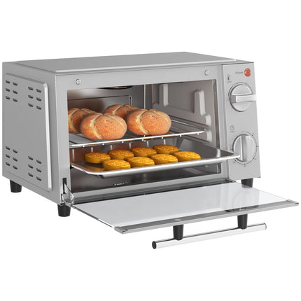 Mini krāsns 9L mini krāsns ar cepšanas paplāti, grila režģi, 100 °C-230 °C, ar regulējamu temperatūru un gatavošanas laiku, 60 min. taimeris, 750 W, nerūsējošais tērauds, sudrabs