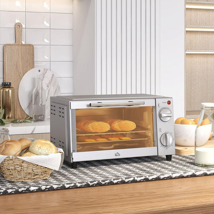 Mini krāsns 9L mini krāsns ar cepšanas paplāti, grila režģi, 100 °C-230 °C, ar regulējamu temperatūru un gatavošanas laiku, 60 min. taimeris, 750 W, nerūsējošais tērauds, sudrabs