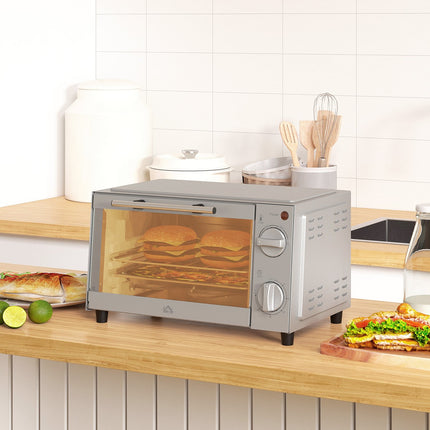 Mini krāsns 9L mini krāsns ar cepšanas paplāti, grila režģi, 100 °C-230 °C, ar regulējamu temperatūru un gatavošanas laiku, 60 min. taimeris, 750 W, nerūsējošais tērauds, sudrabs