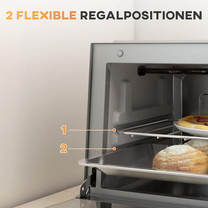 Mini krāsns 9L mini krāsns ar cepšanas paplāti, grila režģi, 100 °C-230 °C, ar regulējamu temperatūru un gatavošanas laiku, 60 min. taimeris, 750 W, nerūsējošais tērauds, sudrabs