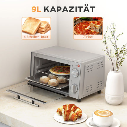 Mini krāsns 9L mini krāsns ar cepšanas paplāti, grila režģi, 100 °C-230 °C, ar regulējamu temperatūru un gatavošanas laiku, 60 min. taimeris, 750 W, nerūsējošais tērauds, sudrabs