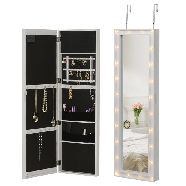 Spoguļskapītis ar LED rotaslietu skapītim, piekarināms ar durvīm, MDF, balts, 36,6 x 8 x 120 cm