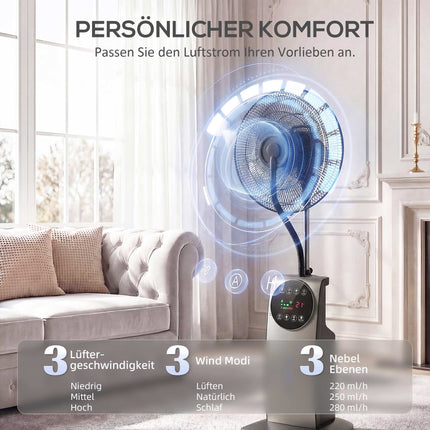 Smidzinošs pjedestāla ventilators ar tālvadības pulti, 3 ātrumi, 3,1 l tvertne