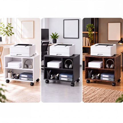 Mobile Printer Stand with Castors and 3 Compartments, Black