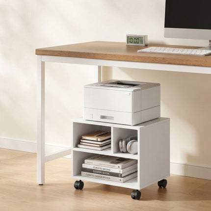 Mobile Printer Stand with Castors and 3 Compartments, White