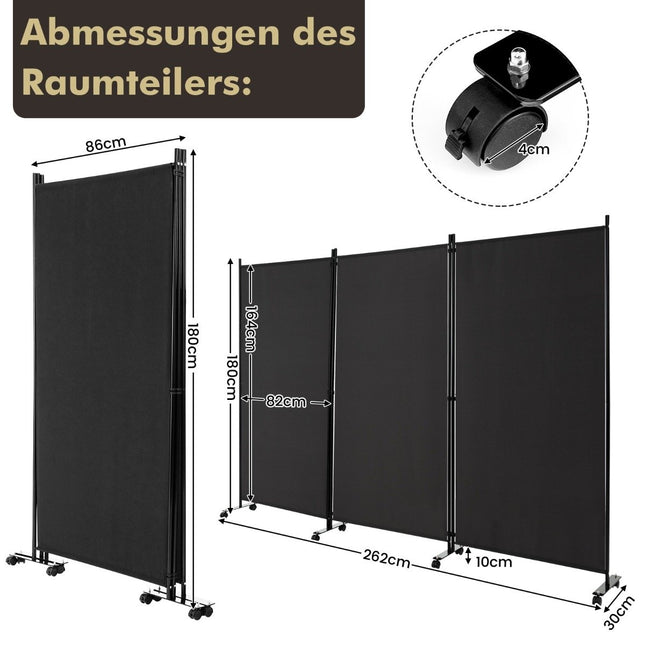 Pārvietojams istabas aizslietnis ar riteņiem, 3 paneļi, 180 cm, melns