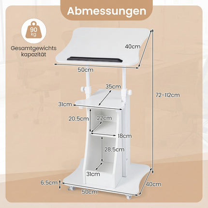 Mobilais stāvgalds ar riteņiem, noliecama virsma, 72-112 cm
