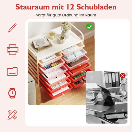 Mobilie uzglabāšanas ratiņi ar 12 sakraujamām atvilktnēm, rozā