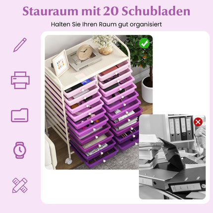 Mobilie uzglabāšanas ratiņi ar 20 sakraujamām atvilktnēm, violeti
