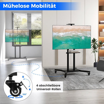 Mobilais TV statīvs 32-70 collu televizoriem līdz 50 kg. Regulējams TV ratiņi ar kameras plauktu.