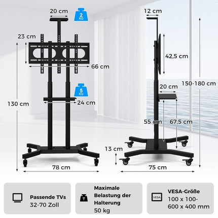 Mobilais TV statīvs 32-70 collu televizoriem līdz 50 kg. Regulējams TV ratiņi ar kameras plauktu.