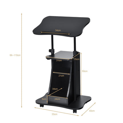 Mobile standing desk with tiltable table top & open compartments Height-adjustable lectern Black