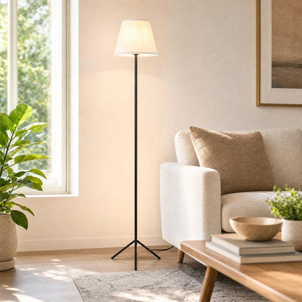Moderna stāvlampa ar auduma abažūru un statīva pamatni