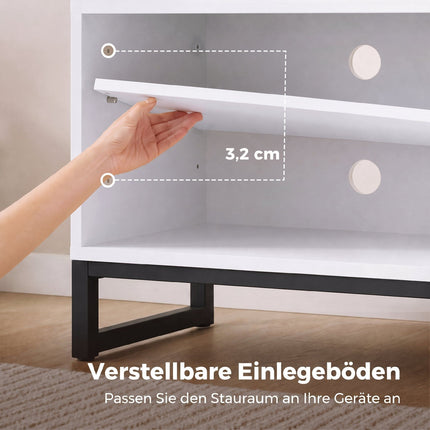 Moderns balts TV statīvs 55 collu televizoriem, regulējami plaukti