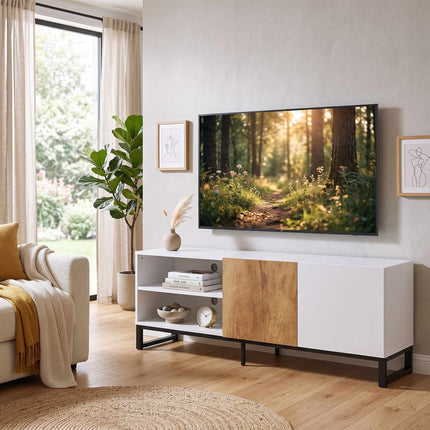 Moderns balts TV statīvs 55 collu televizoriem, regulējami plaukti
