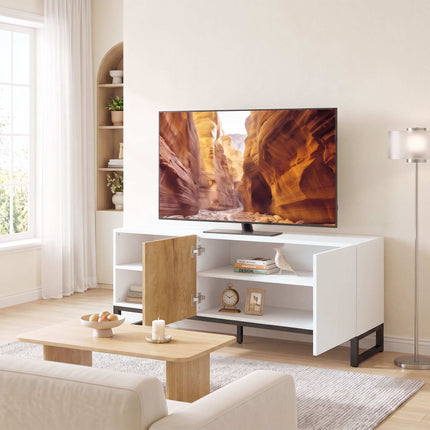 Moderns balts TV statīvs 55 collu televizoriem, regulējami plaukti