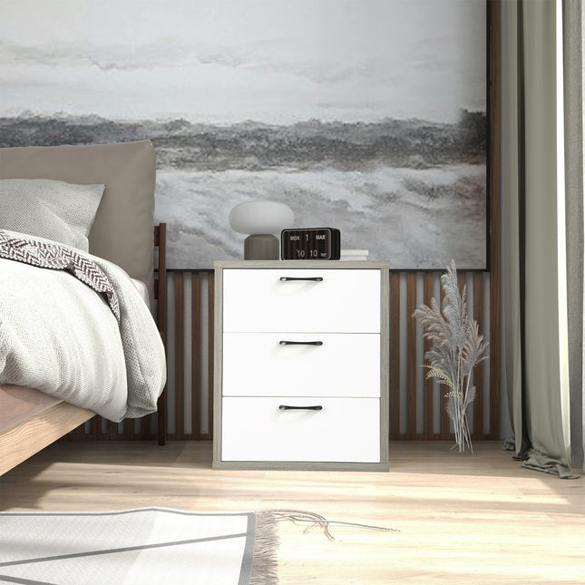 Moderns koka naktsgaldiņš ar 3 izvelkamām atvilktnēm 55 x 47 x 65,5 cm pelēks + balts